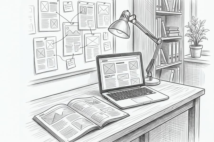 Skizze: Redaktionsarbeitsplatz mit Magazin und Online-Artikel auf dem Laptop