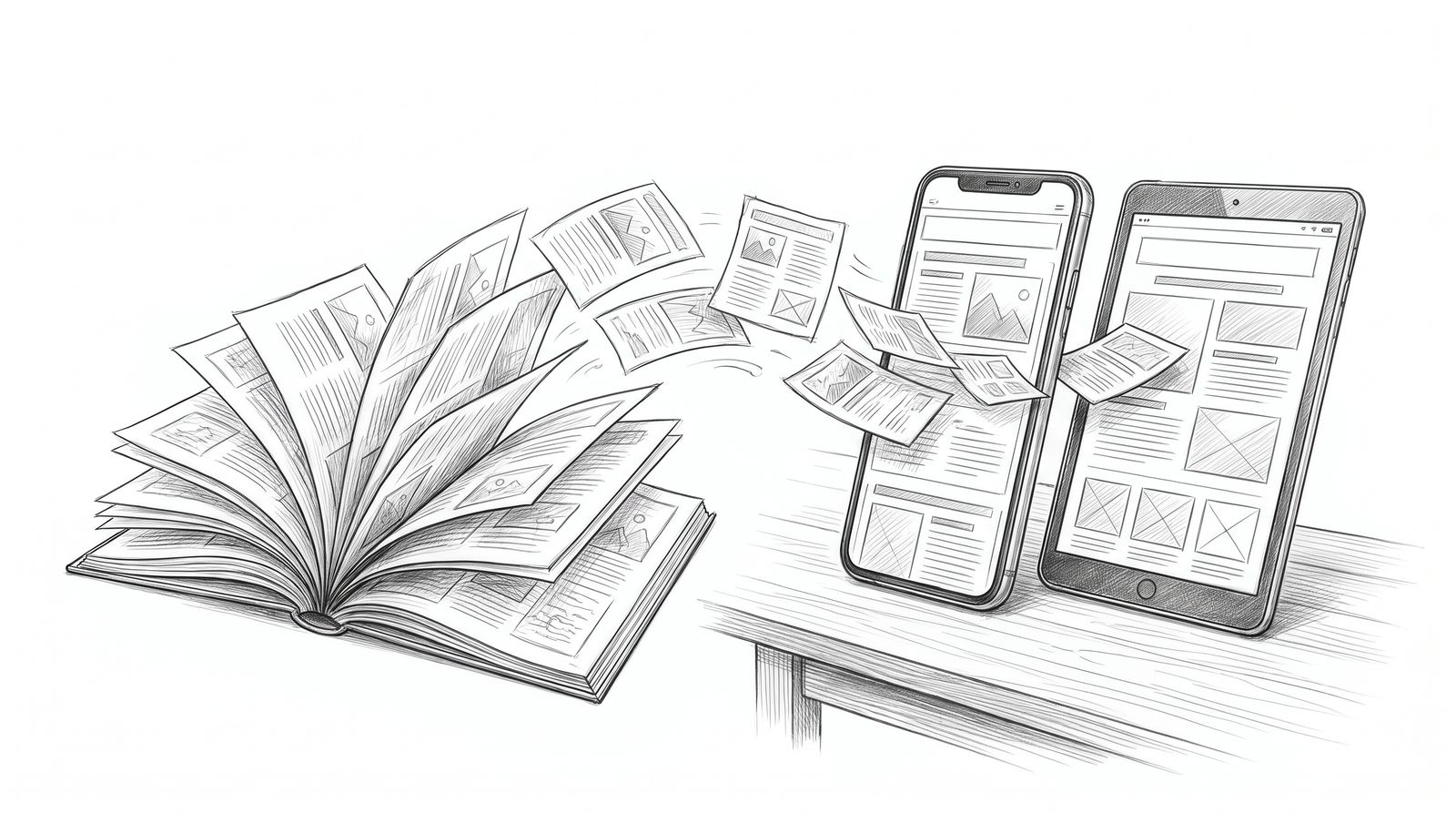 Skizze: Die Seiten eines gedruckten Magazins werden zu Artikeln auf Smartphone und Tablet